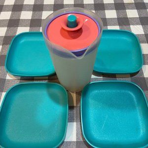 Vintage Tupperware toys/ Pretend kitchen play/ Square aqua plates and pitcher